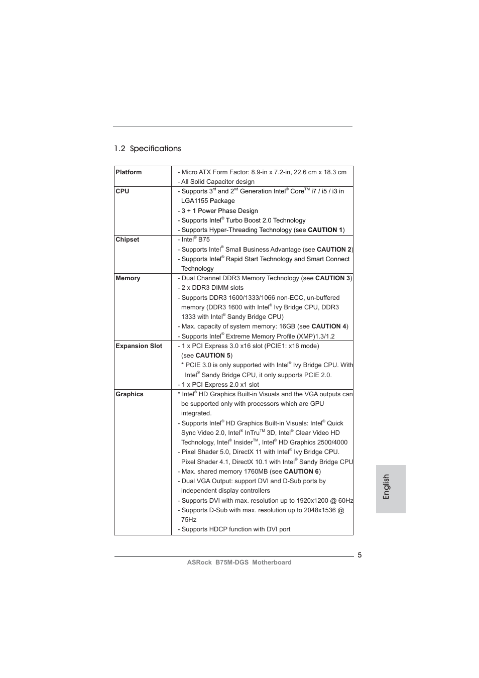 English 1.2 specifications | ASRock B75M-DGS User Manual | Page 5 / 185