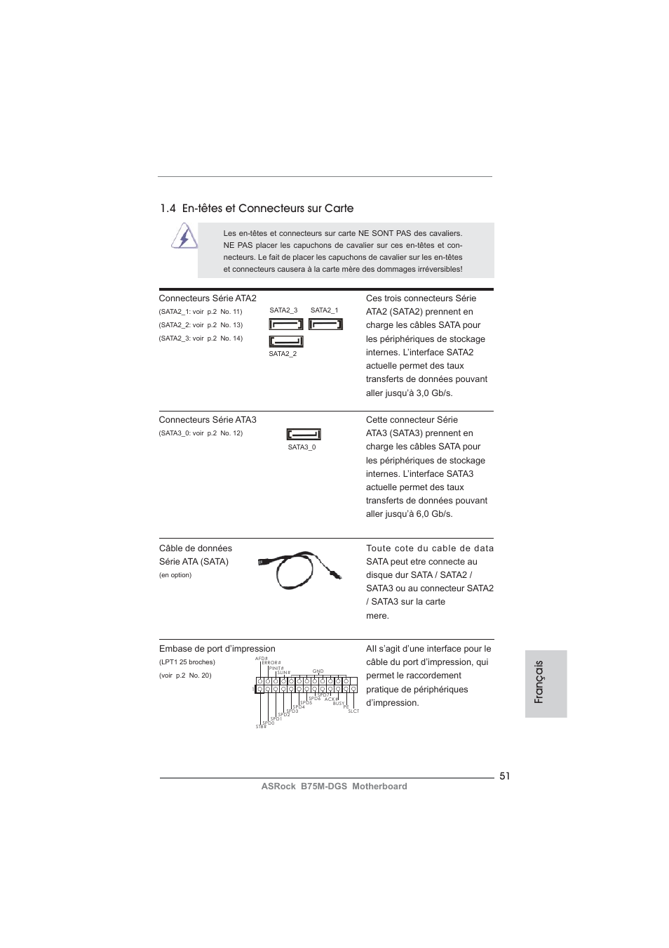 Français, 4 en-têtes et connecteurs sur carte | ASRock B75M-DGS User Manual | Page 51 / 185