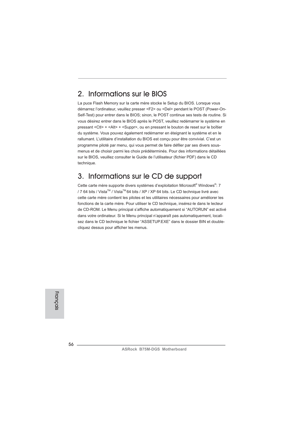Informations sur le bios, Informations sur le cd de support | ASRock B75M-DGS User Manual | Page 56 / 185