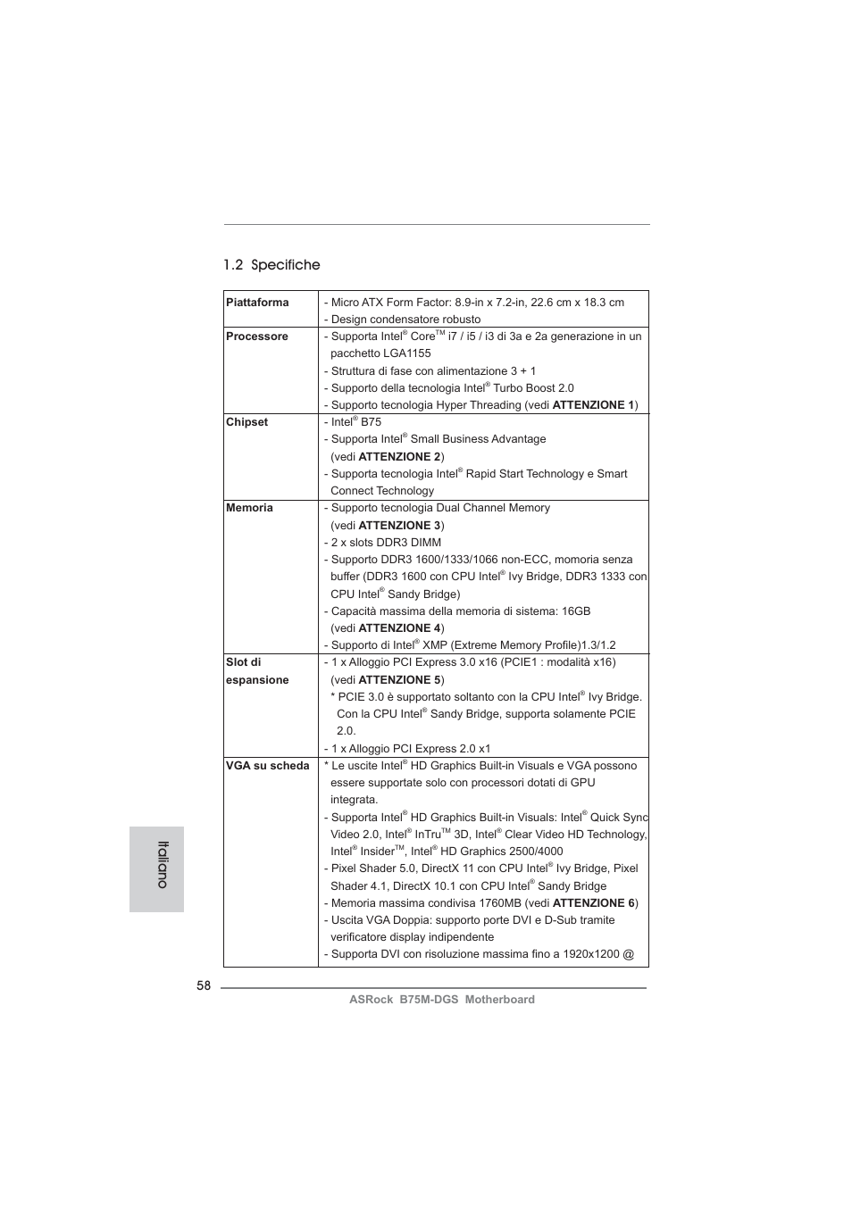 Italiano 1.2 specifiche | ASRock B75M-DGS User Manual | Page 58 / 185