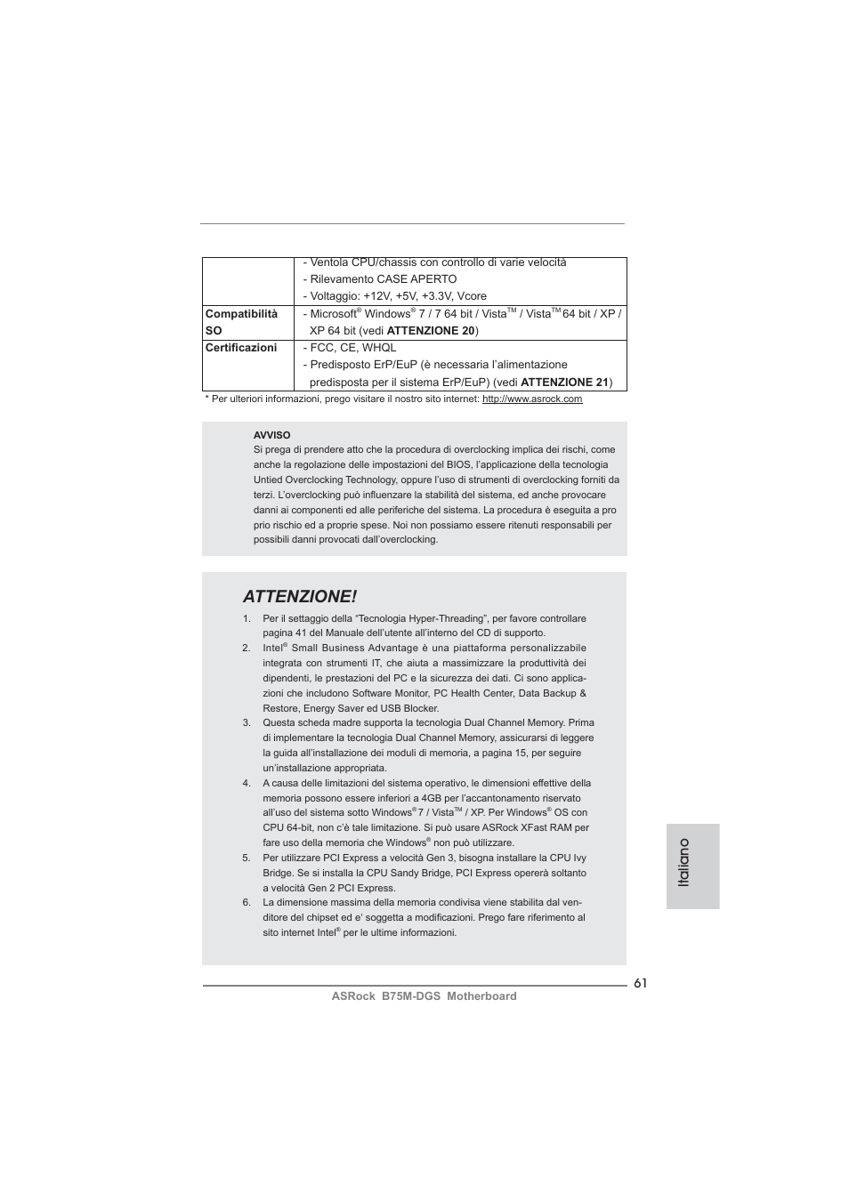 Attenzione, Italiano | ASRock B75M-DGS User Manual | Page 61 / 185