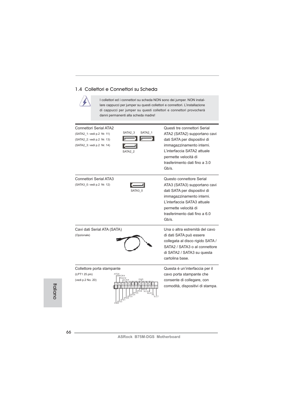 Italiano 1.4 collettori e connettori su scheda | ASRock B75M-DGS User Manual | Page 66 / 185