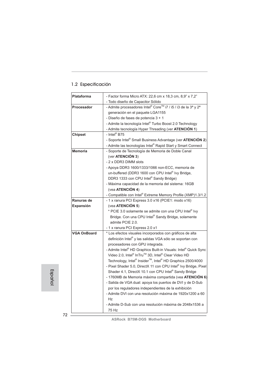 Español 1.2 especificación | ASRock B75M-DGS User Manual | Page 72 / 185