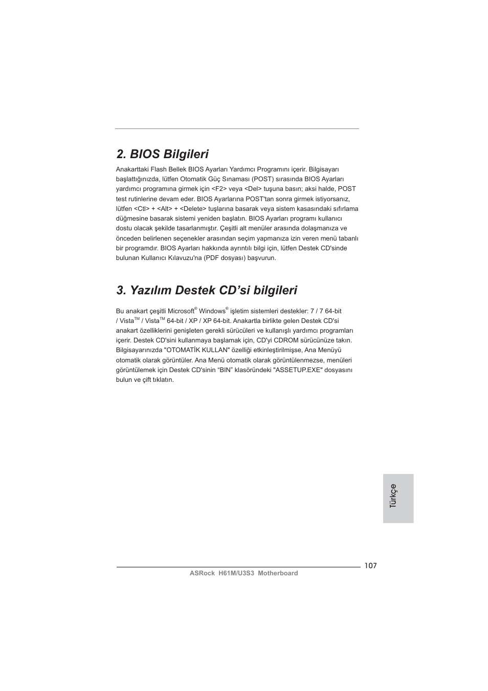 Bios bilgileri, Yazılım destek cd’si bilgileri, Türkçe | ASRock H61M__U3S3 User Manual | Page 107 / 158