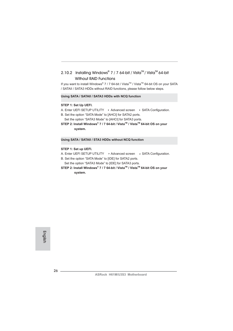 English 2.10.2 installing windows, 7 / 7 64-bit / vista, Vista | Bit without raid functions | ASRock H61M__U3S3 User Manual | Page 26 / 158
