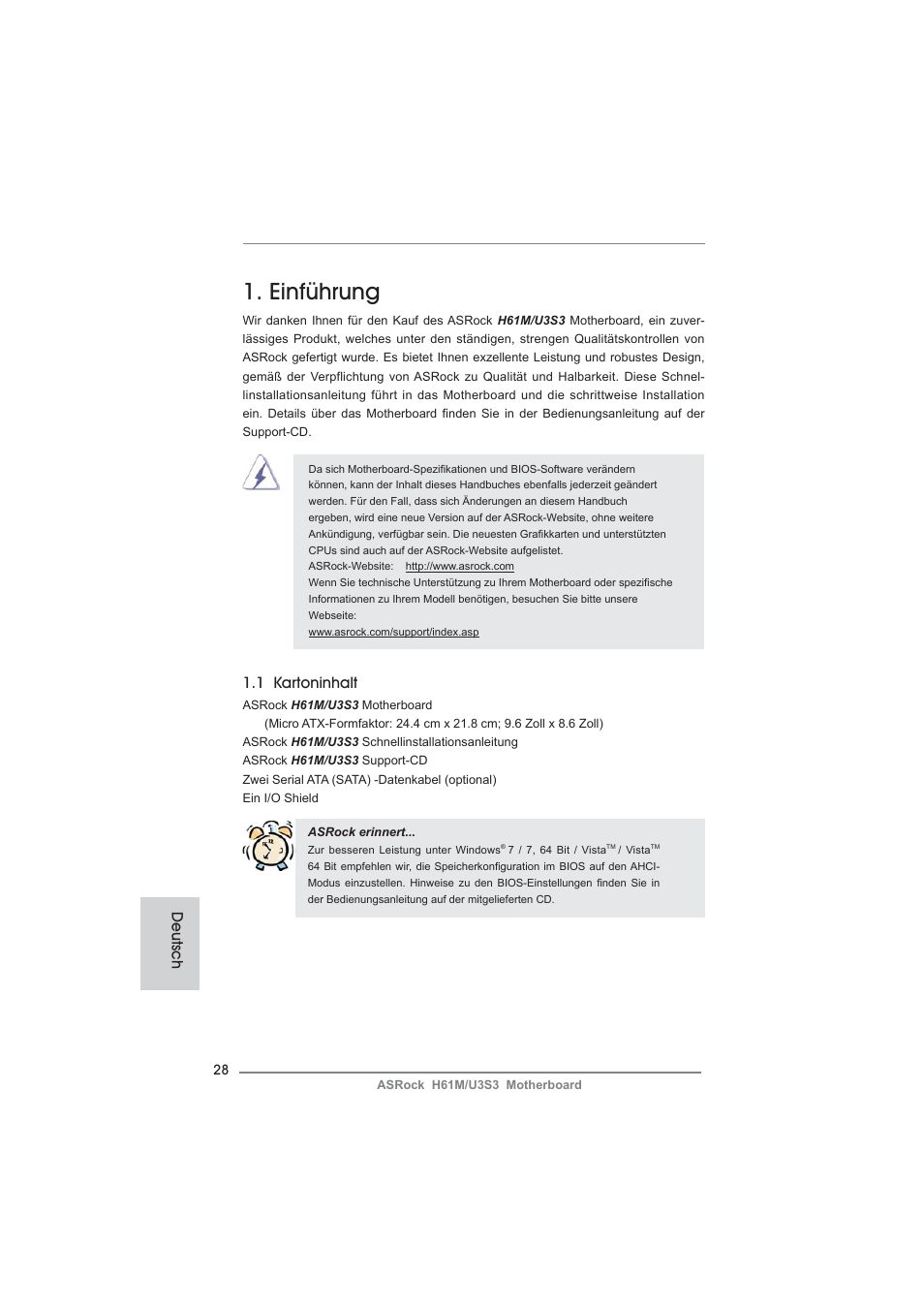 German, Einführung, 1 kartoninhalt | Deutsch | ASRock H61M__U3S3 User Manual | Page 28 / 158