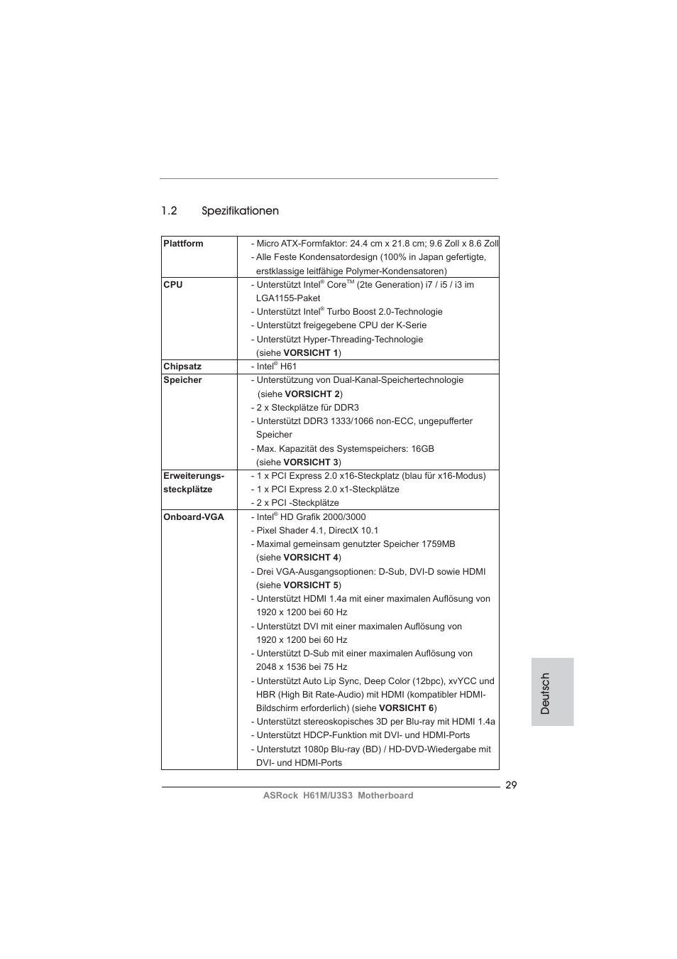 Deutsch 1.2 spezifikationen | ASRock H61M__U3S3 User Manual | Page 29 / 158