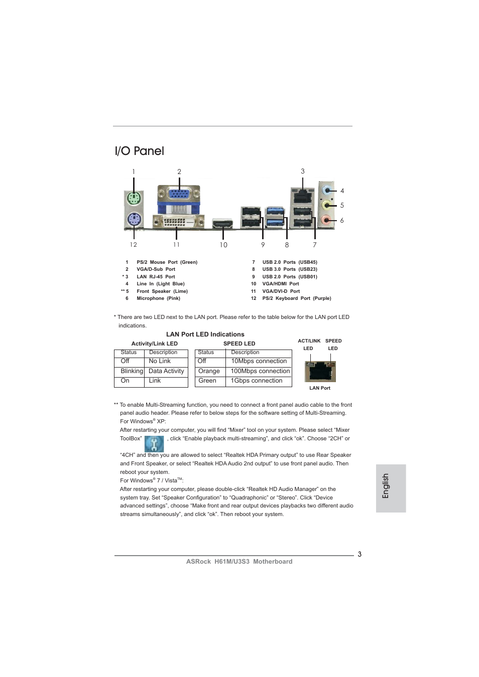 I/o panel, English | ASRock H61M__U3S3 User Manual | Page 3 / 158