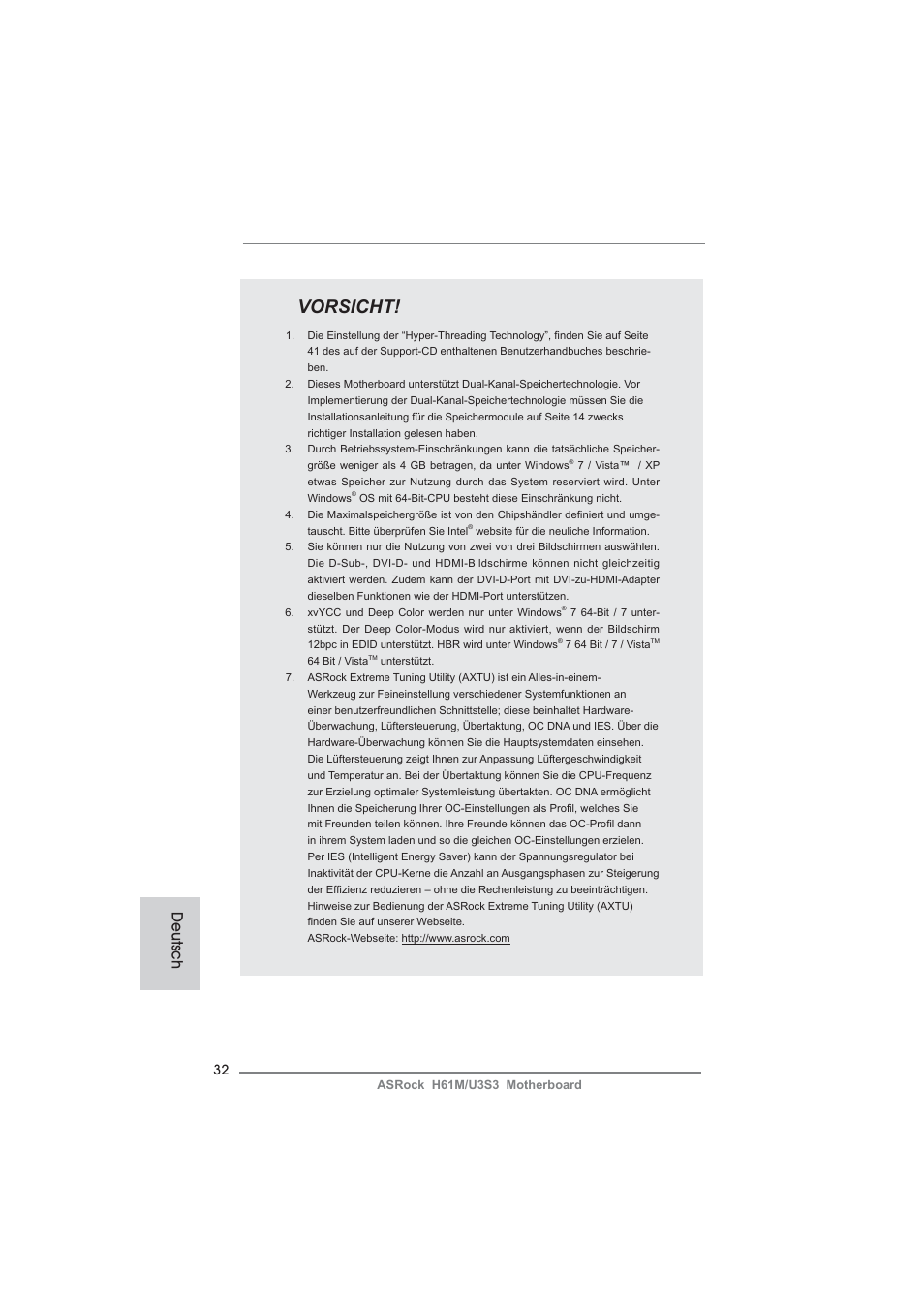 Vorsicht, Deutsch | ASRock H61M__U3S3 User Manual | Page 32 / 158