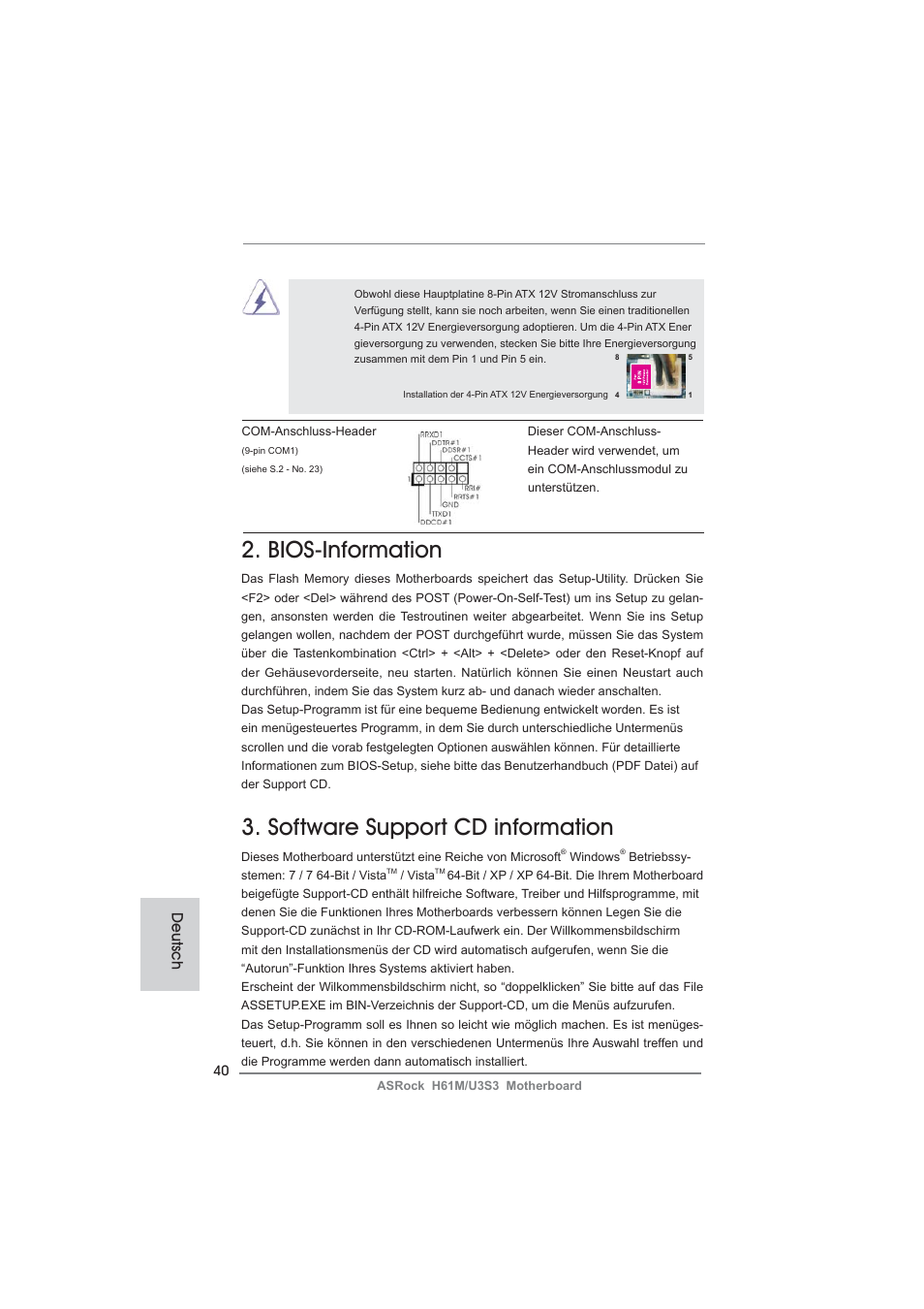 Bios-information, Software support cd information, Deutsch | ASRock H61M__U3S3 User Manual | Page 40 / 158