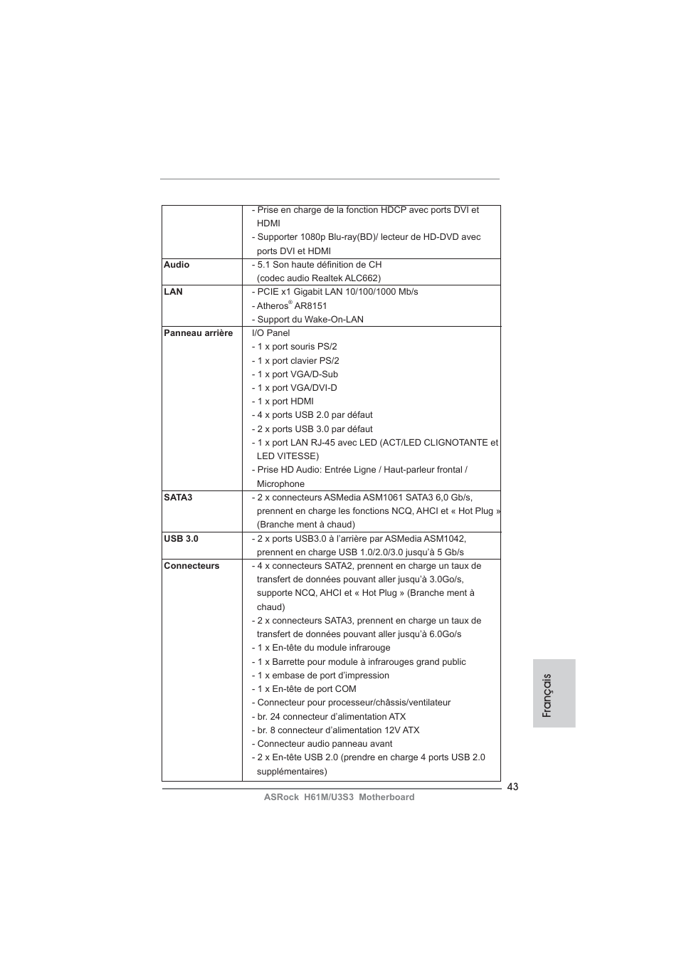 Français | ASRock H61M__U3S3 User Manual | Page 43 / 158