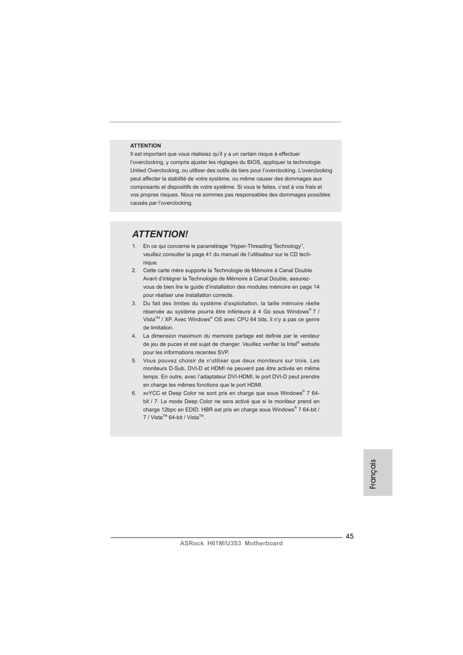 Attention, Français | ASRock H61M__U3S3 User Manual | Page 45 / 158