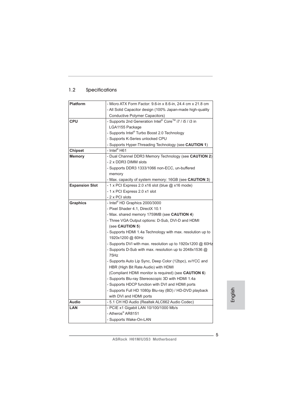 English 1.2 specifications | ASRock H61M__U3S3 User Manual | Page 5 / 158