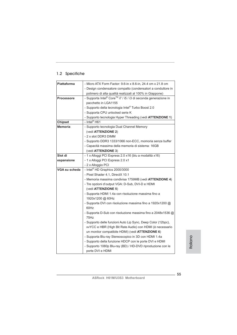 Italiano 1.2 specifiche | ASRock H61M__U3S3 User Manual | Page 55 / 158