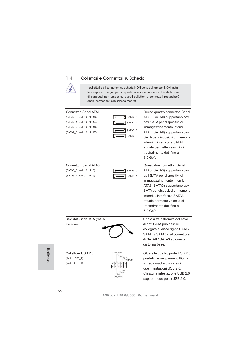 4 collettori e connettori su scheda, Italiano | ASRock H61M__U3S3 User Manual | Page 62 / 158