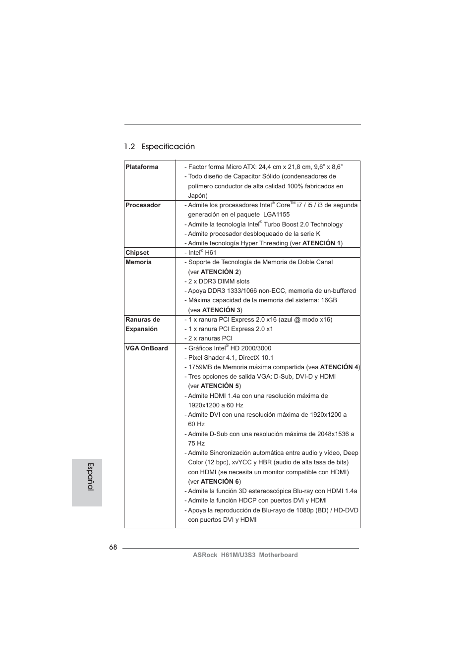 2 especificación, Español | ASRock H61M__U3S3 User Manual | Page 68 / 158