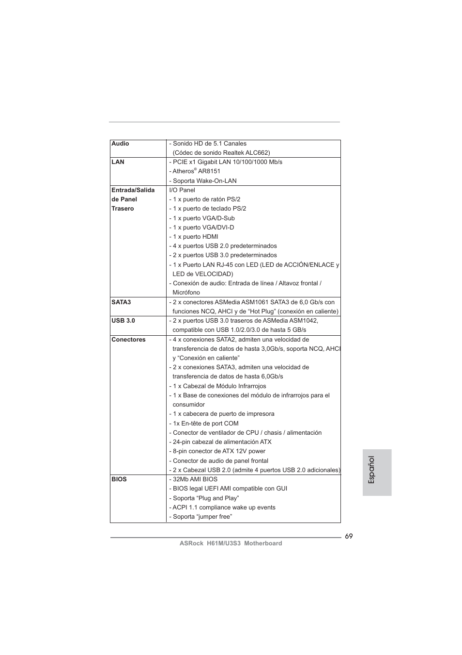 Español | ASRock H61M__U3S3 User Manual | Page 69 / 158
