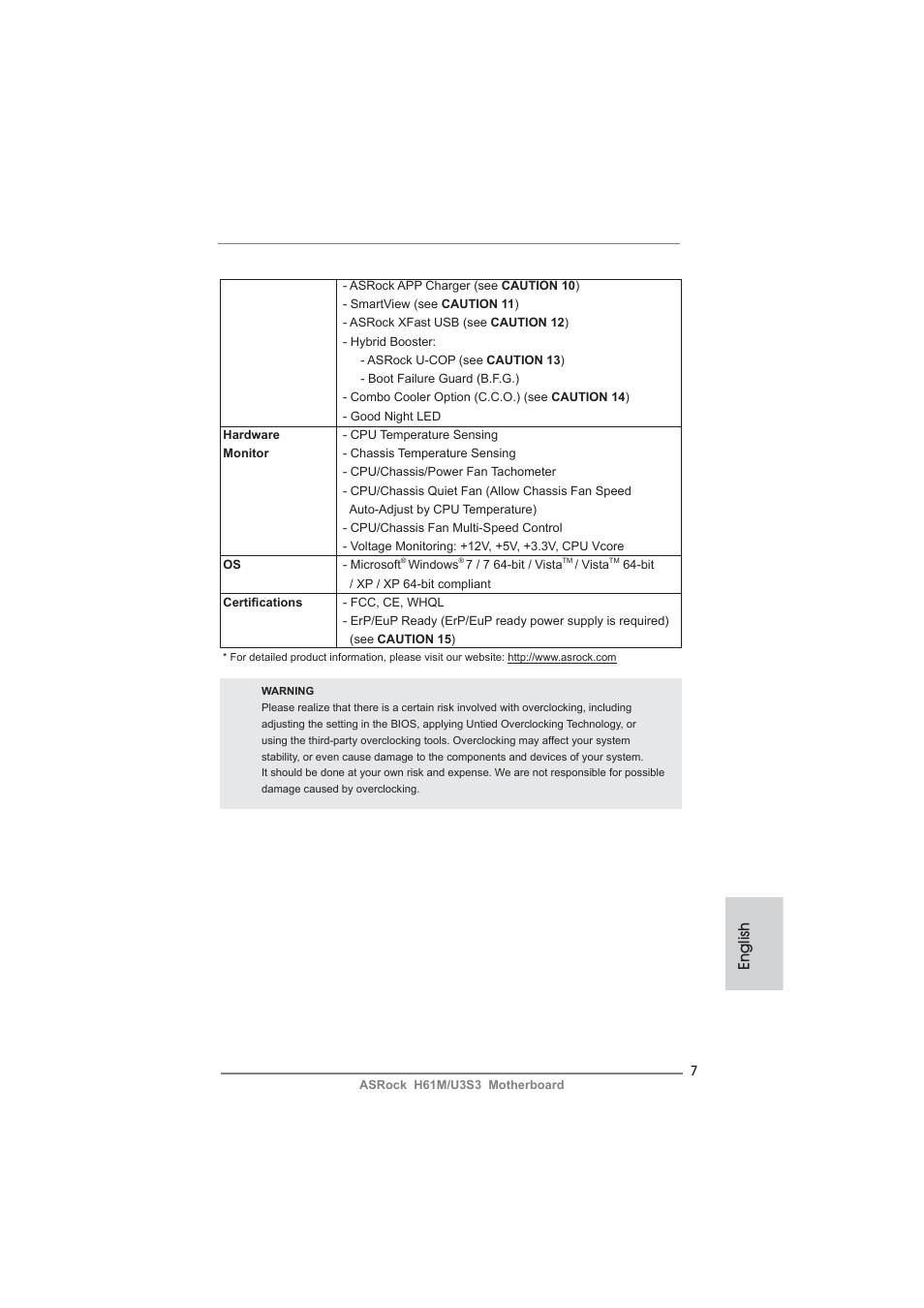 English | ASRock H61M__U3S3 User Manual | Page 7 / 158