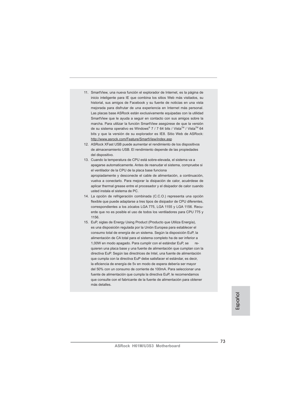 Español | ASRock H61M__U3S3 User Manual | Page 73 / 158