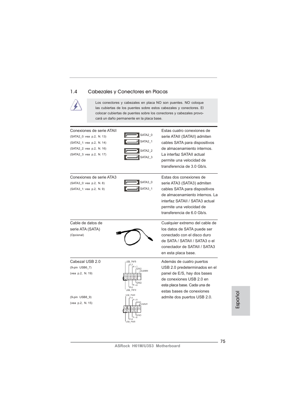 Español 1.4 cabezales y conectores en placas | ASRock H61M__U3S3 User Manual | Page 75 / 158