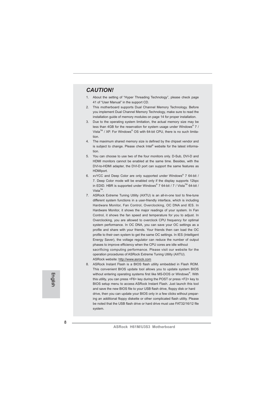 Caution, English | ASRock H61M__U3S3 User Manual | Page 8 / 158