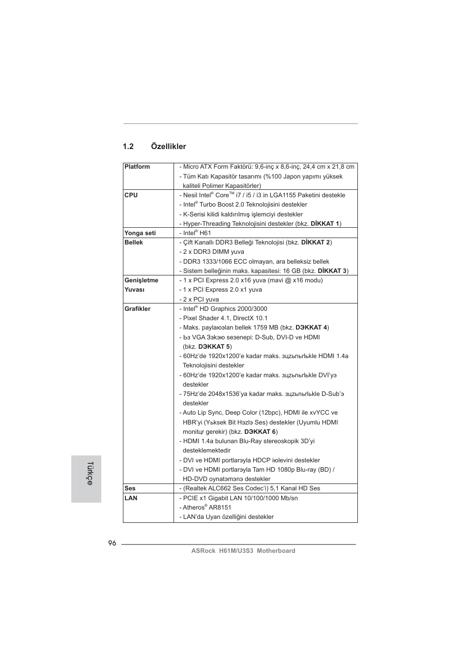 2 özellikler, Türkçe | ASRock H61M__U3S3 User Manual | Page 96 / 158