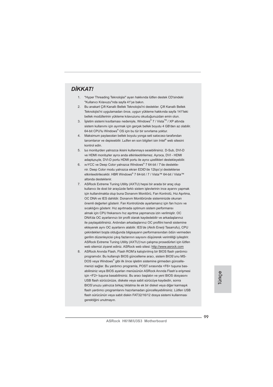 Dikkat, Türkçe | ASRock H61M__U3S3 User Manual | Page 99 / 158