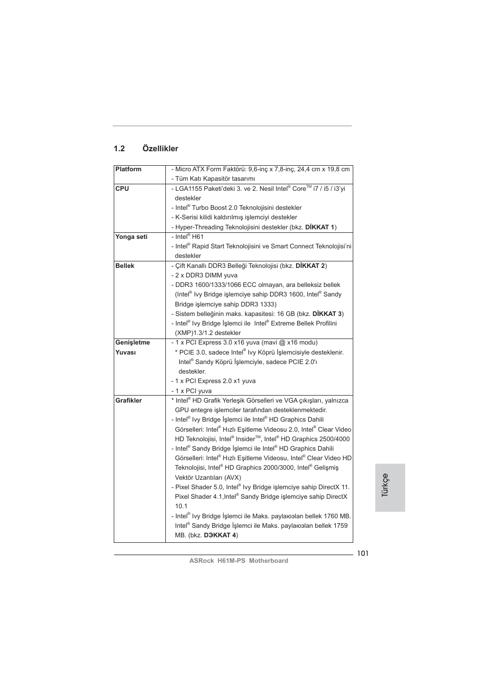 Türkçe 1.2 özellikler | ASRock H61M-PS User Manual | Page 101 / 160