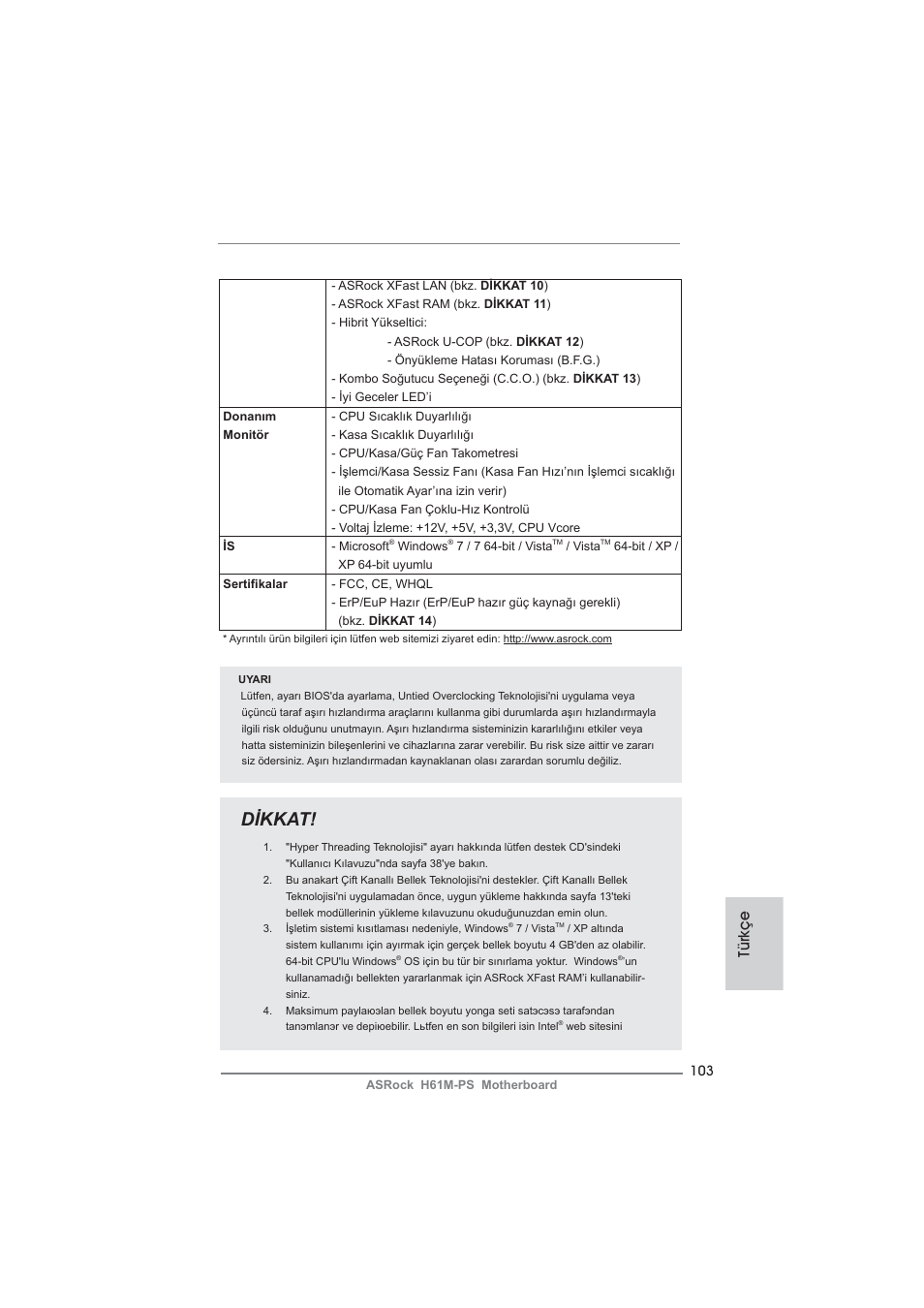 Dikkat, Türkçe | ASRock H61M-PS User Manual | Page 103 / 160