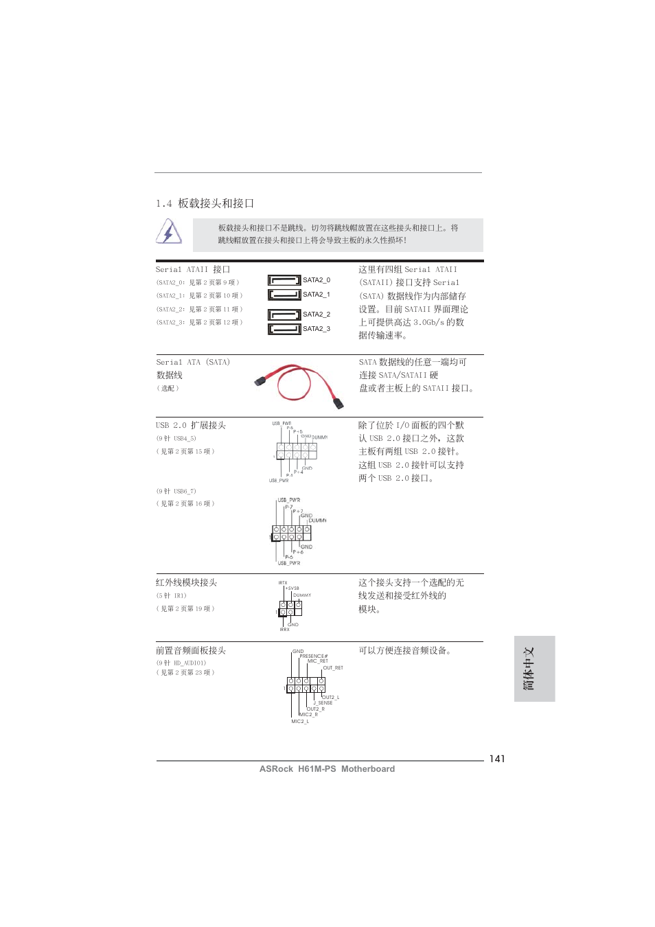 簡體中文, 4 板載接頭和接口 | ASRock H61M-PS User Manual | Page 141 / 160