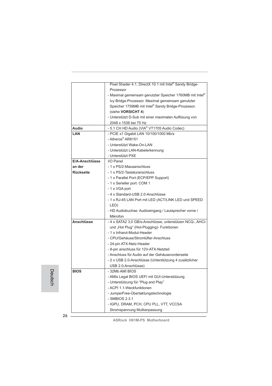 Deutsch | ASRock H61M-PS User Manual | Page 26 / 160