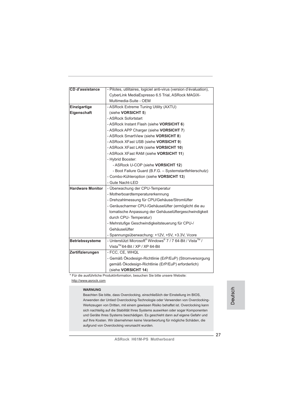 Deutsch | ASRock H61M-PS User Manual | Page 27 / 160