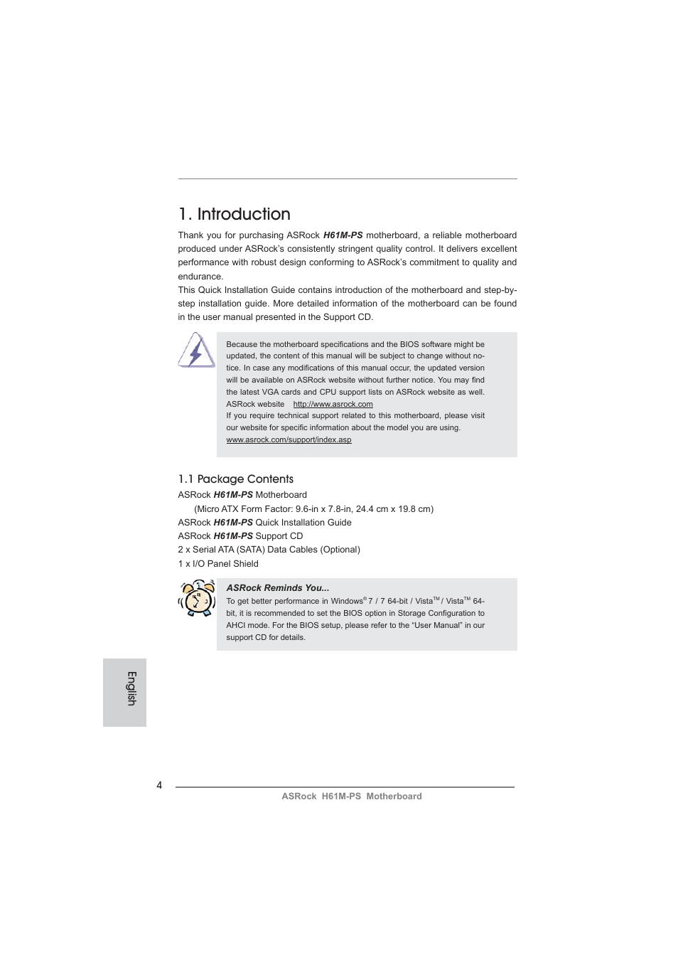 Introduction, English, 1 package contents | ASRock H61M-PS User Manual | Page 4 / 160