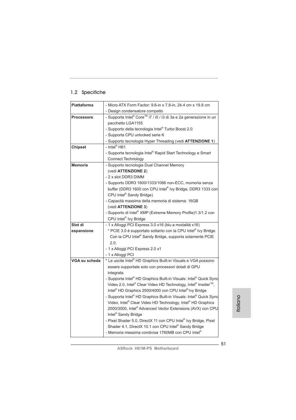 Italiano 1.2 specifiche | ASRock H61M-PS User Manual | Page 51 / 160