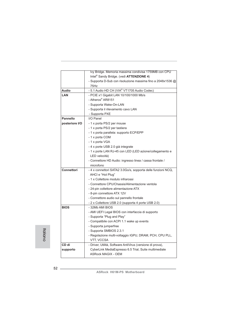 Italiano | ASRock H61M-PS User Manual | Page 52 / 160