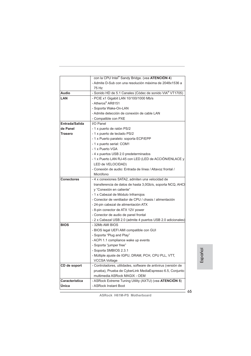 Español | ASRock H61M-PS User Manual | Page 65 / 160