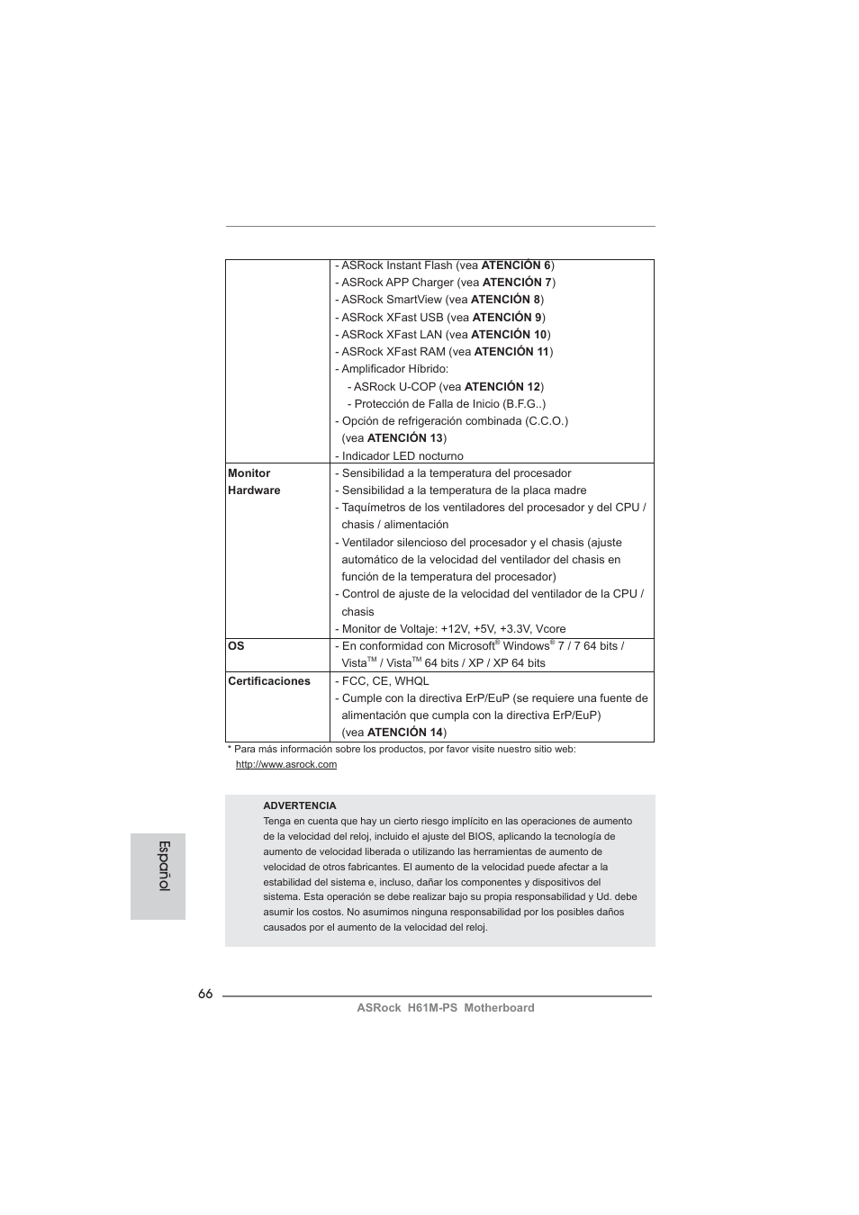 Español | ASRock H61M-PS User Manual | Page 66 / 160