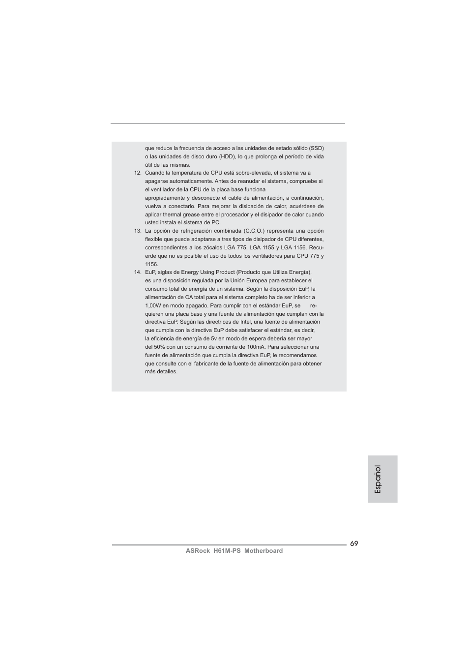 Español | ASRock H61M-PS User Manual | Page 69 / 160