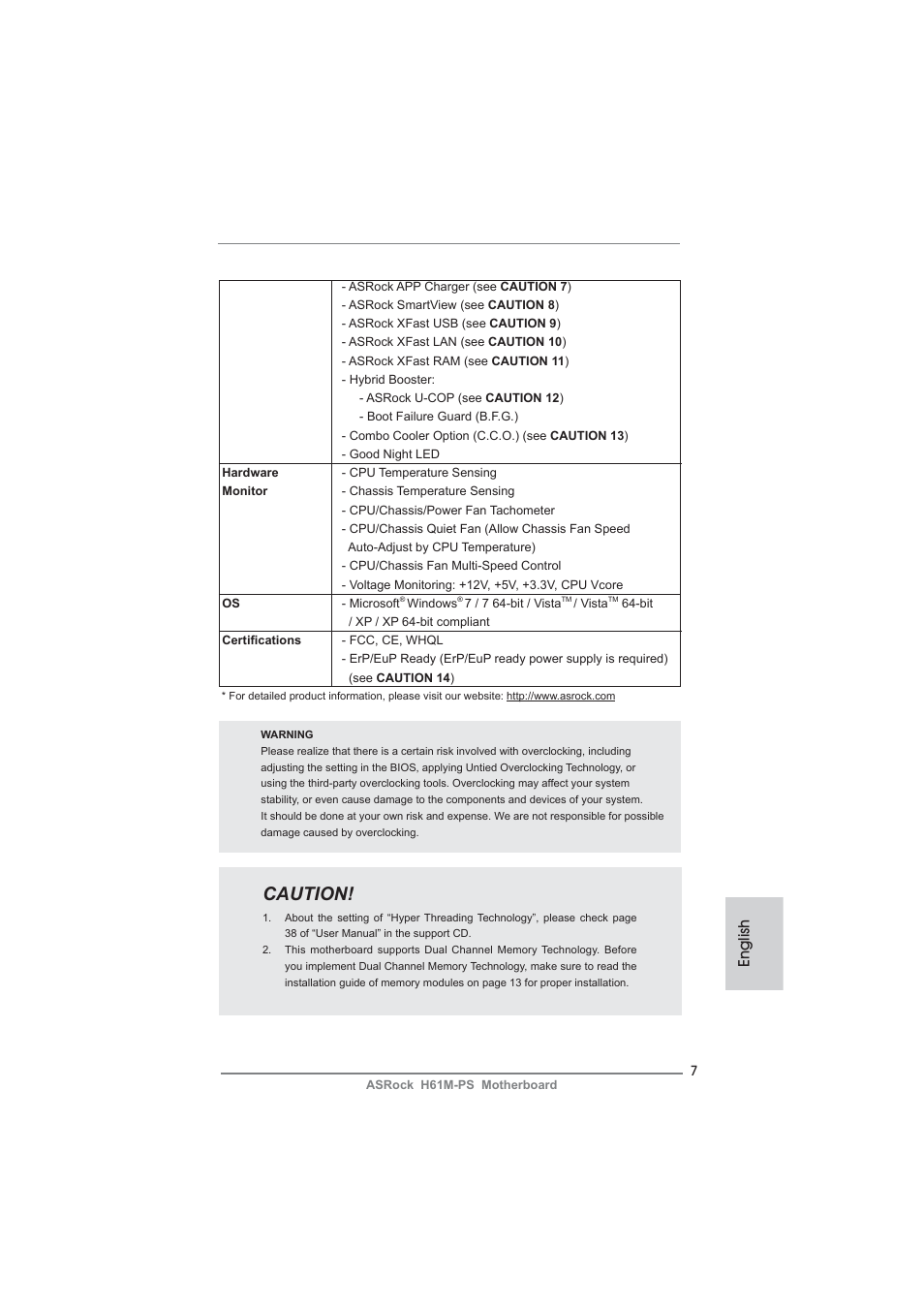 Caution, English | ASRock H61M-PS User Manual | Page 7 / 160