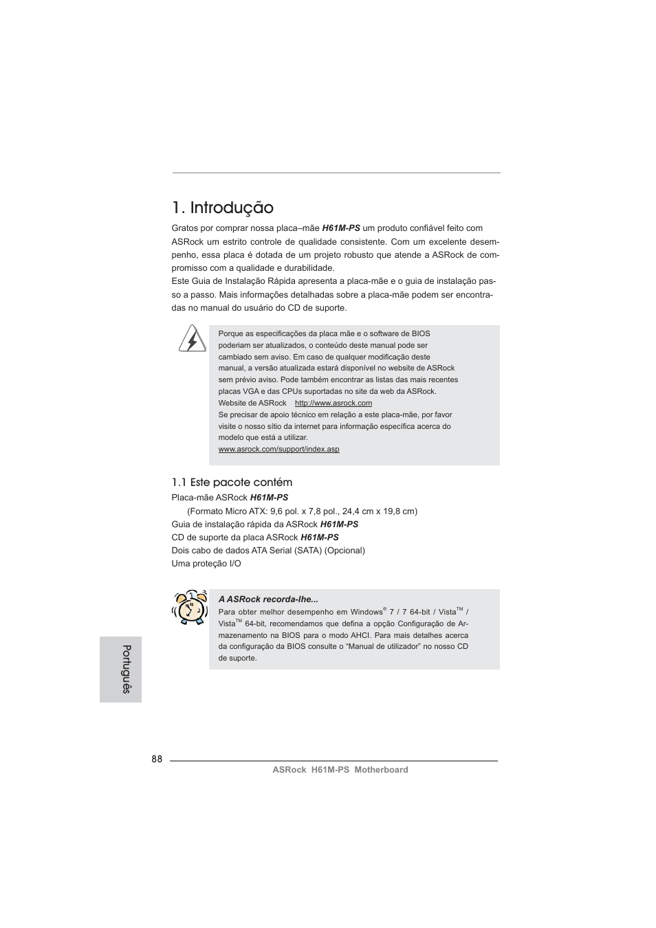 Portuguese, Introdução, 1 este pacote contém | Po rtuguês | ASRock H61M-PS User Manual | Page 88 / 160