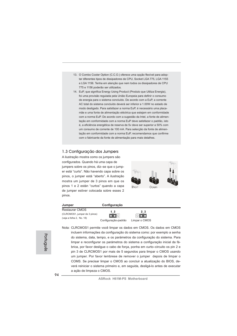 Po rtuguês 1.3 configuração dos jumpers | ASRock H61M-PS User Manual | Page 94 / 160