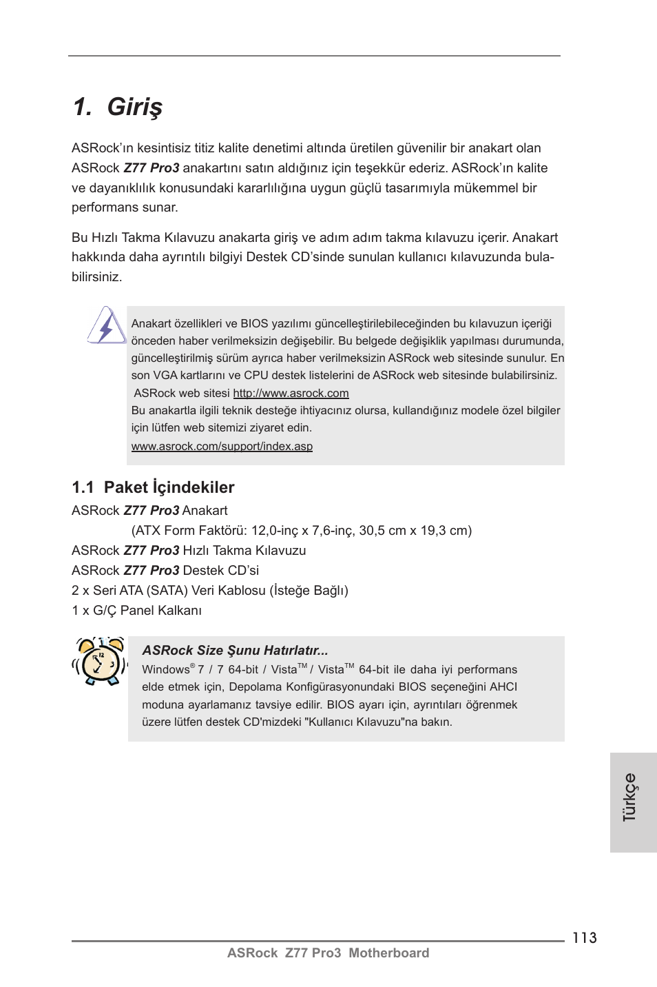 Turkish, Giriş, Türkçe | 1 paket içindekiler | ASRock Z77 Pro3 User Manual | Page 113 / 192