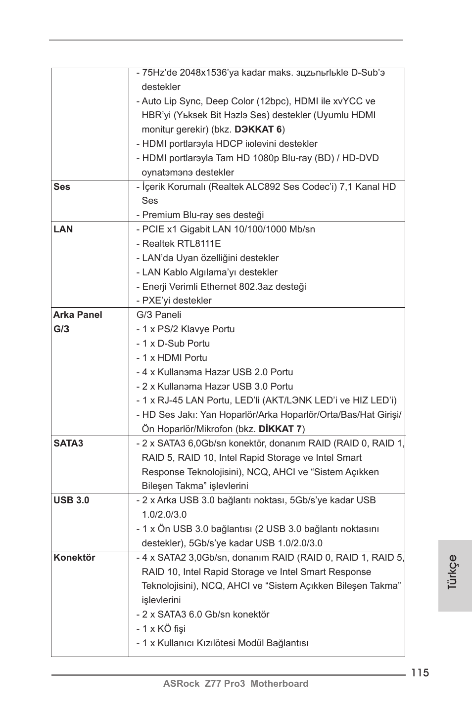 Türkçe | ASRock Z77 Pro3 User Manual | Page 115 / 192