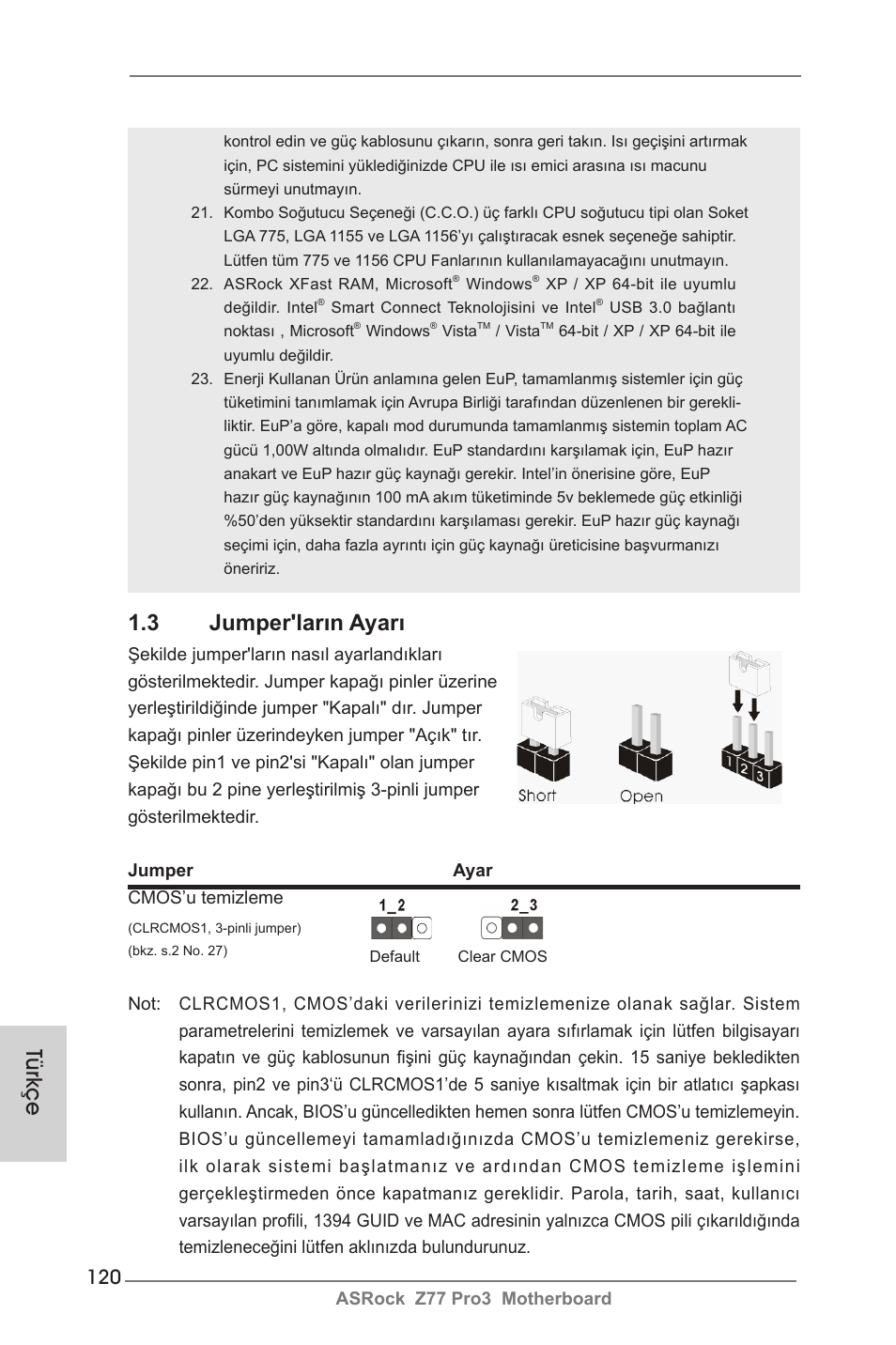 Türkçe 1.3 jumper'ların ayarı | ASRock Z77 Pro3 User Manual | Page 120 / 192