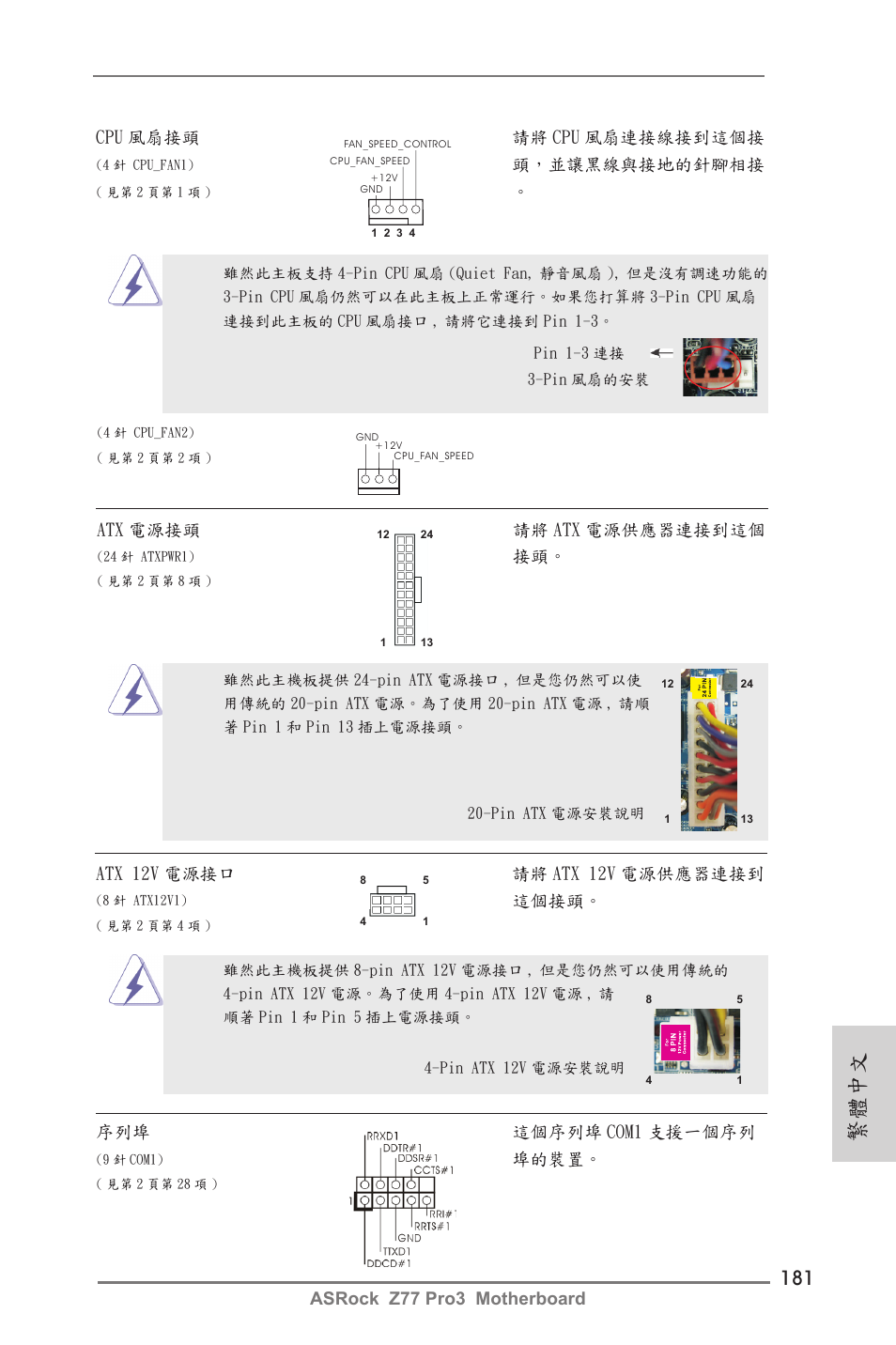 繁體中文, Asrock z77 pro3 motherboard, Atx 電源接頭 請將 atx 電源供應器連接到這個 | Atx 12v 電源接口 請將 atx 12v 電源供應器連接到, 這個接頭, 序列埠 這個序列埠 com1 支援一個序列, 埠的裝置, Cpu 風扇接頭 請將 cpu 風扇連接線接到這個接, 頭，並讓黑線與接地的針腳相接 | ASRock Z77 Pro3 User Manual | Page 181 / 192