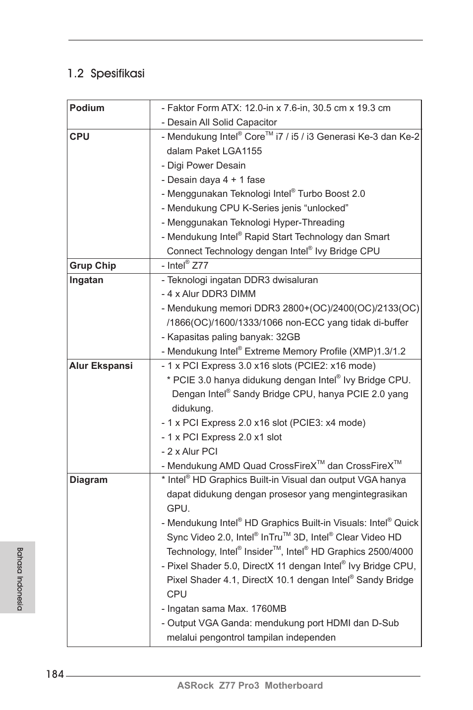 2 spesifikasi | ASRock Z77 Pro3 User Manual | Page 184 / 192