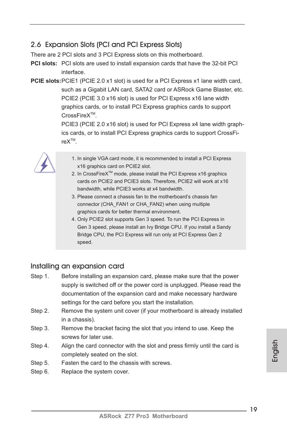 Installing an expansion card | ASRock Z77 Pro3 User Manual | Page 19 / 192