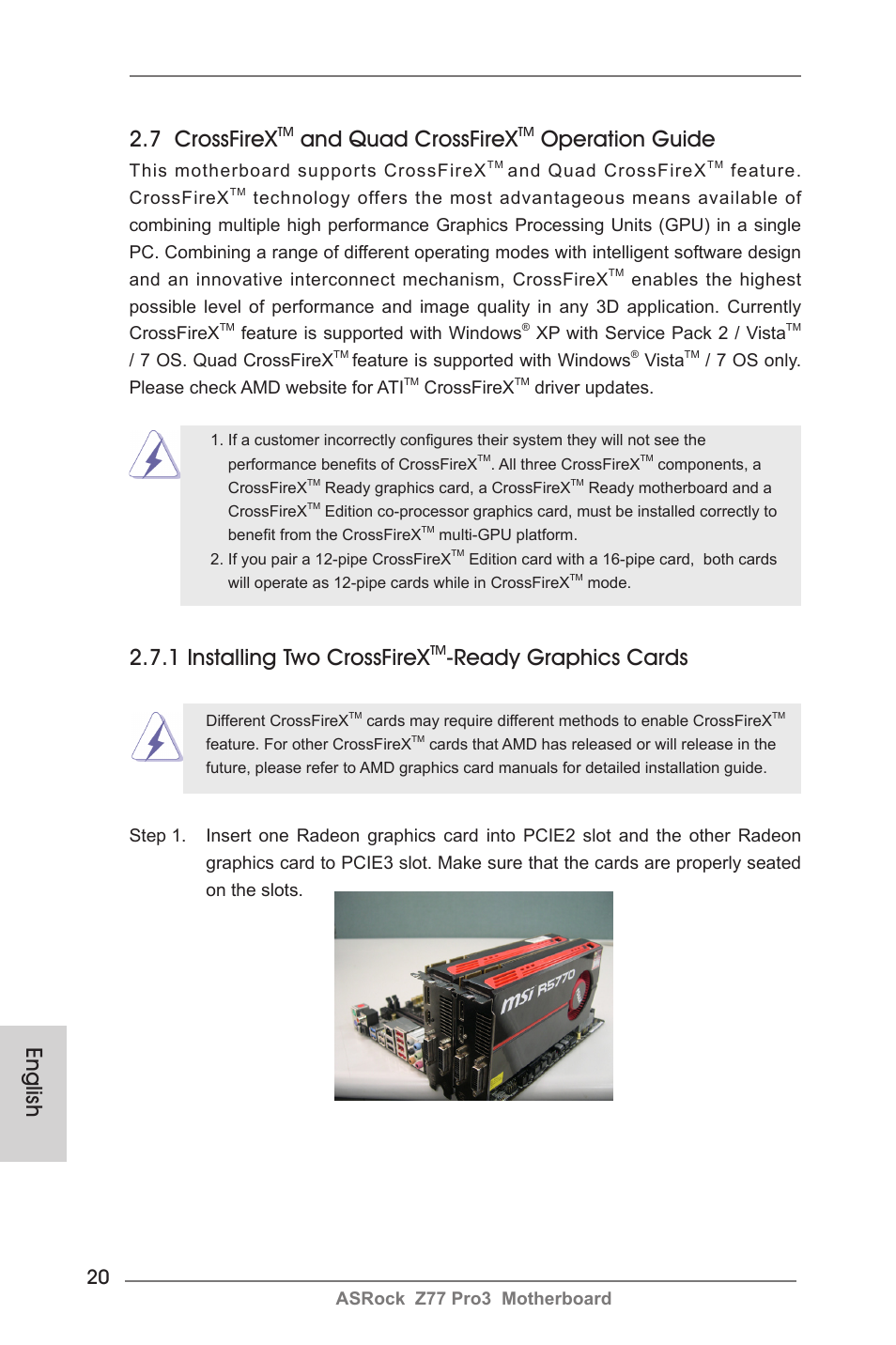 English, 7 crossfirex, And quad crossfirex | Operation guide, 1 installing two crossfirex, Ready graphics cards | ASRock Z77 Pro3 User Manual | Page 20 / 192