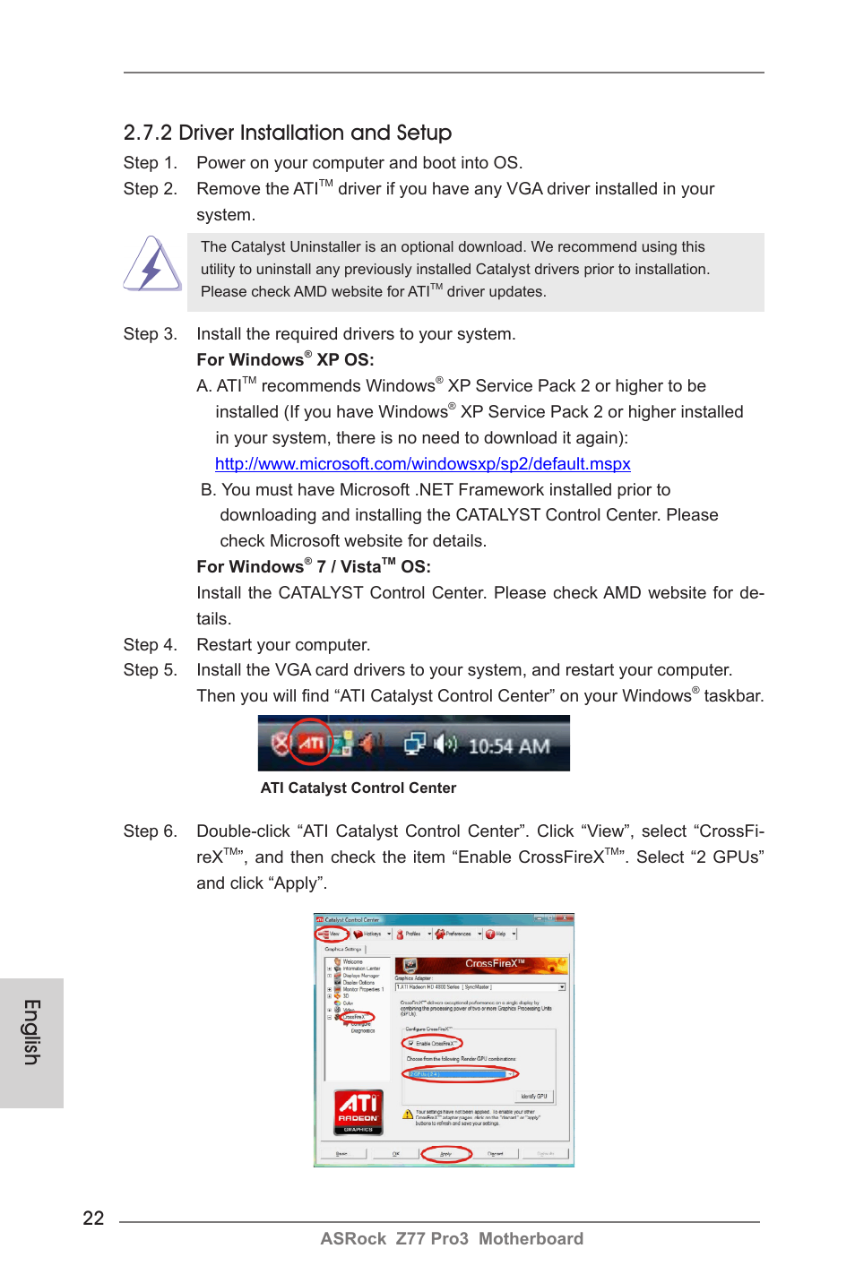 English, 2 driver installation and setup | ASRock Z77 Pro3 User Manual | Page 22 / 192