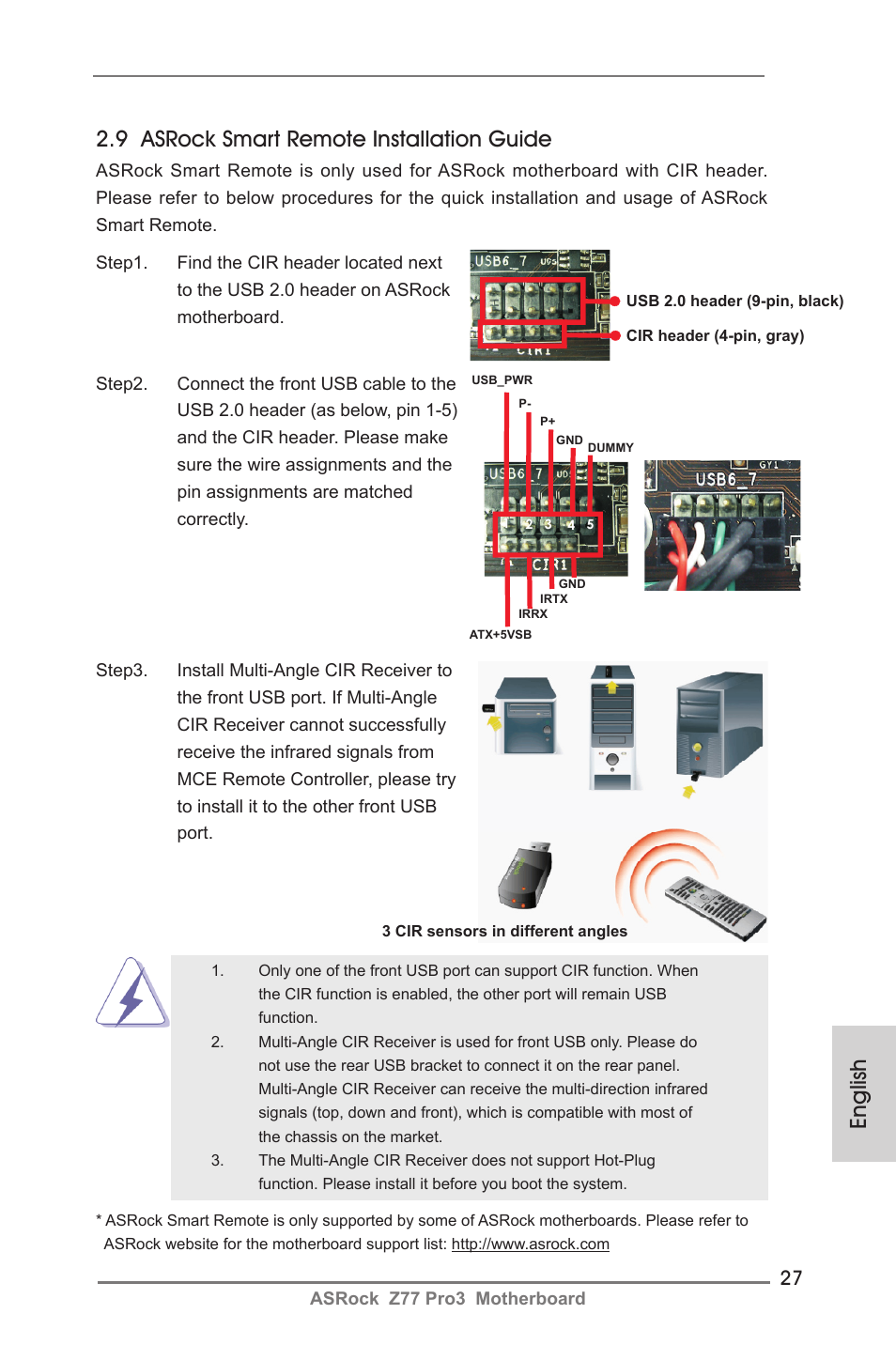 English, 9 asrock smart remote installation guide | ASRock Z77 Pro3 User Manual | Page 27 / 192